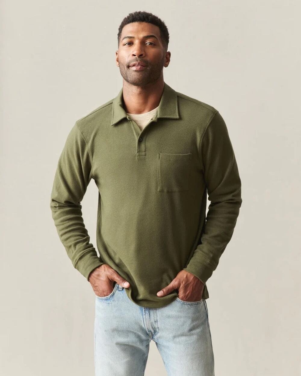 NWOT American Giant Men's Brushed Long Sleeve Polo Olive Night Heather Large